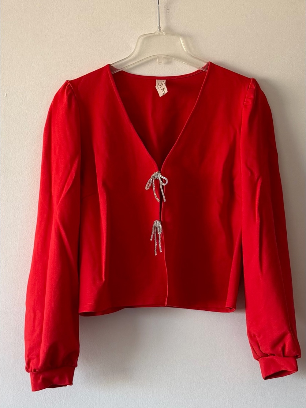 Dolan Anthropologie Red Rhinestone Bow Front Cropped Cardigan Puff Sleeve Size L
